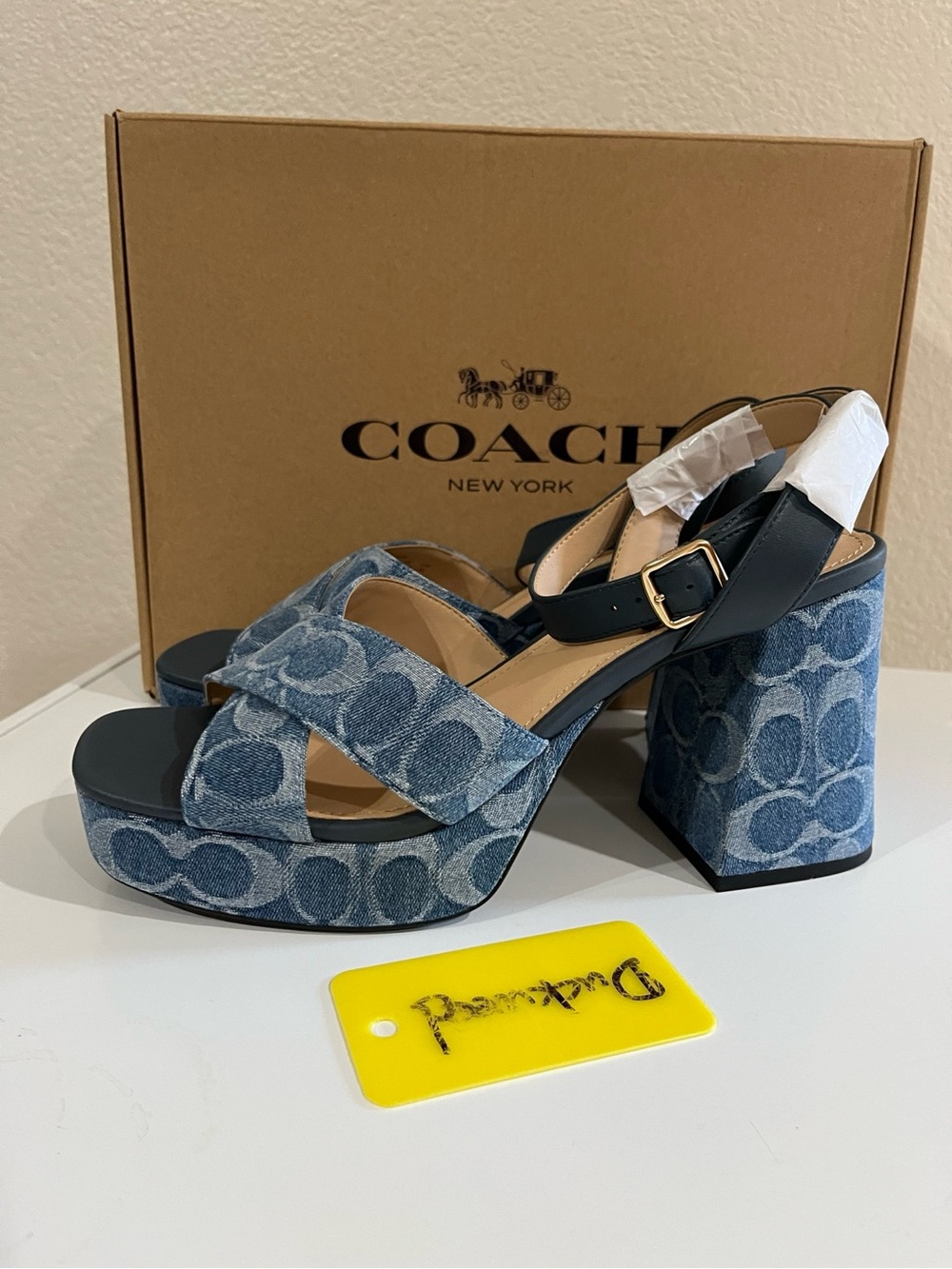 NIB COACH Women Block Heel Sandal In Signature Denim Indigo